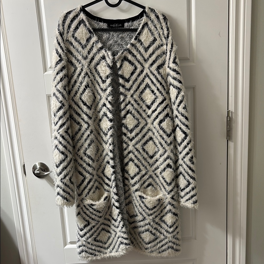 August Silk Black and White Geometric Cardigan Sweater